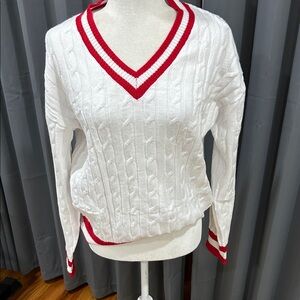 Amazon White Cable Knit V-Neck Sweater with Red Stripe Trim